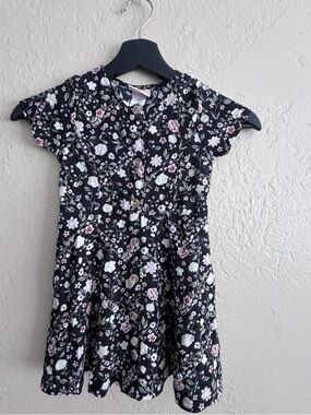 Little Lass Black Floral Button-Front Dress with Pink & White Blossoms